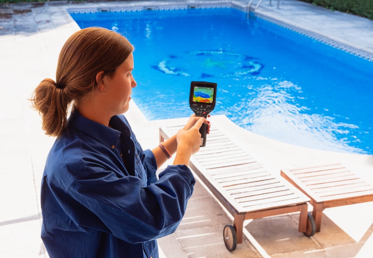 Technician inspecting a swimming pool surface for maintenance